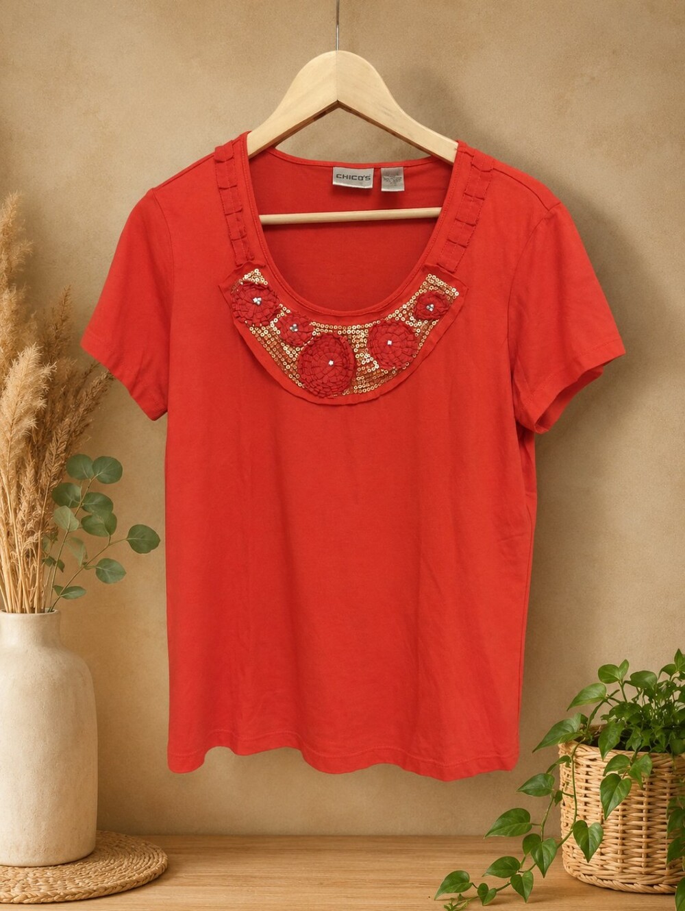 Chico's Coral Short-Sleeve Scoop Neck Tee with Beaded Yoke